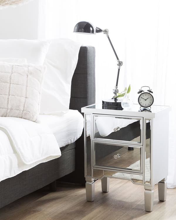 Sängbord 2 Lådor Silver Spegelglas Glam