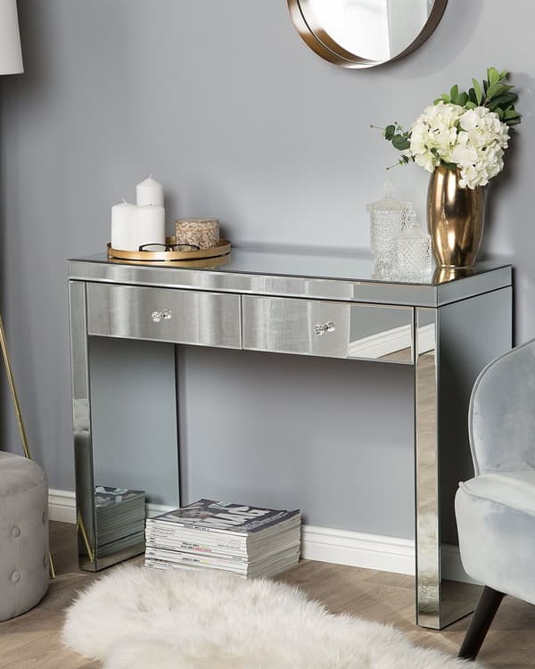 Konsolipöytä hopea MDF-levy lasi 100 x 35 x 77 cm peilattu kahdella laatikolla moderni glamour tyyli