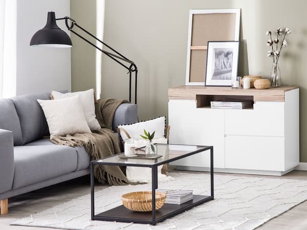 Skänk Vit och Ljus Träfanér 75 x 110 x 40 cm med Byrå och 2 Lådor Minimalistisk Skandinavisk Design Vardagsrum Sovrum