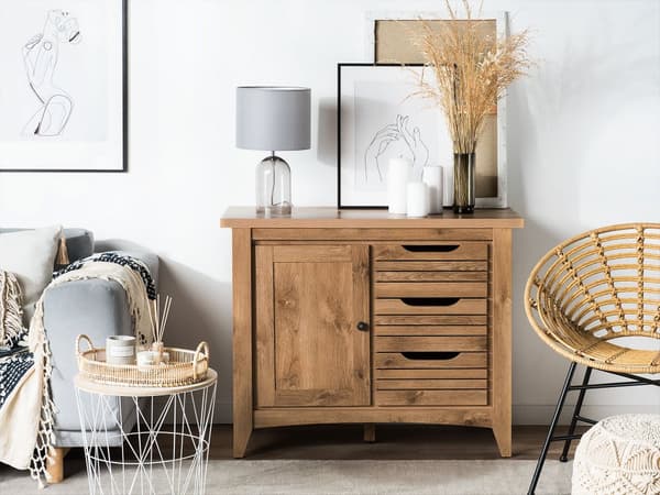 Kommode Lyst Træ MDF Spånplade 80 x 99 x43 cm 1 Låge og 3 Skuffer Udnyttes som TV Bord og Opbevaringsplads Retro Stil af Høj Kvalitet