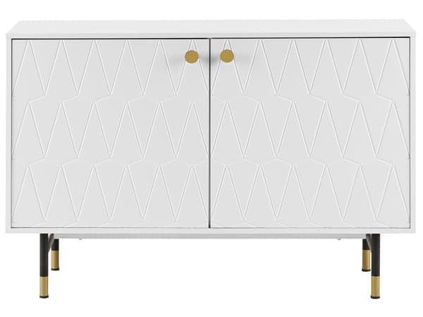 Kommode Hvid Blank MDF med Sort Mat og Guld Metalben 120 x 40 x 82 cm 2 Låger Opbevaring Moderne Stil Minimalistisk Indgraveret Mønster Dekor