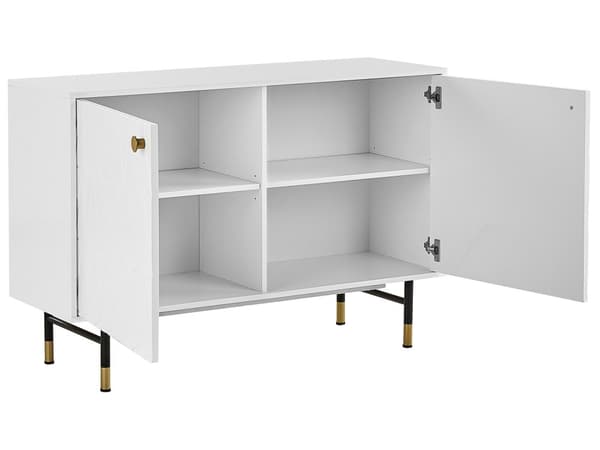 Kommode Hvid Blank MDF med Sort Mat og Guld Metalben 120 x 40 x 82 cm 2 Låger Opbevaring Moderne Stil Minimalistisk Indgraveret Mønster Dekor