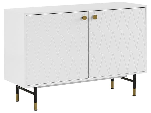 Kommode Hvid Blank MDF med Sort Mat og Guld Metalben 120 x 40 x 82 cm 2 Låger Opbevaring Moderne Stil Minimalistisk Indgraveret Mønster Dekor