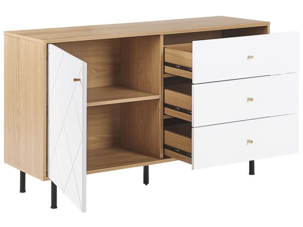 Skænk Lyst Træ 118 x 40 cm 3 Skuffer 1 Skab i Hvid Skandinavisk Design