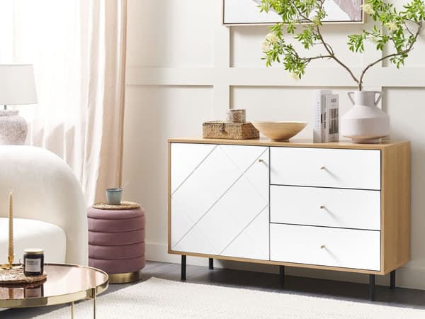 Senkki vaalea puu valkoinen MDF-levy metalli 120 x 39 x 77 cm laatikoilla kaapilla hyllyllä moderni tyyli
