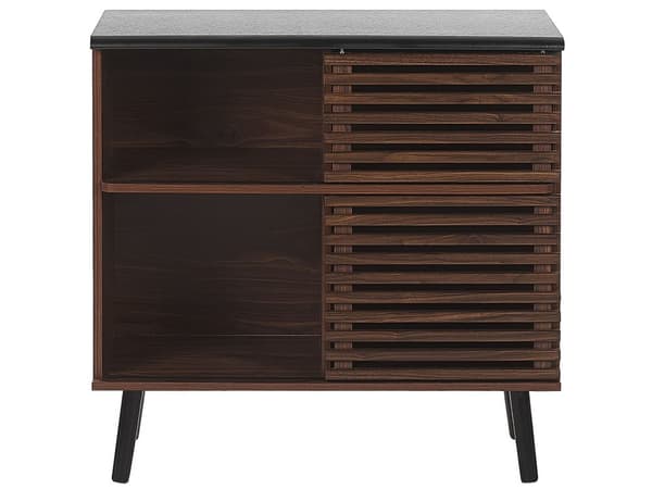 Kommode Mørkt Træ med Sorte Træben 80 x 40 x 80 cm Dekorativ Skænk med Lamel Skydedøre Hylder Opbevaring Rustik Skab Tilbehør Retro