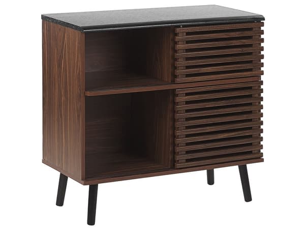 Kommode Mørkt Træ med Sorte Træben 80 x 40 x 80 cm Dekorativ Skænk med Lamel Skydedøre Hylder Opbevaring Rustik Skab Tilbehør Retro