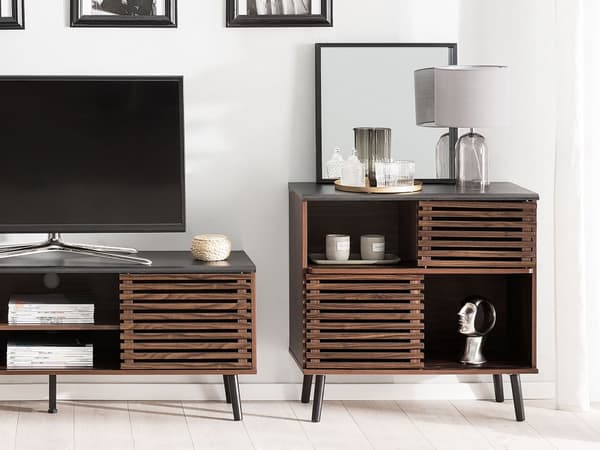 Kommode Mørkt Træ med Sorte Træben 80 x 40 x 80 cm Dekorativ Skænk med Lamel Skydedøre Hylder Opbevaring Rustik Skab Tilbehør Retro