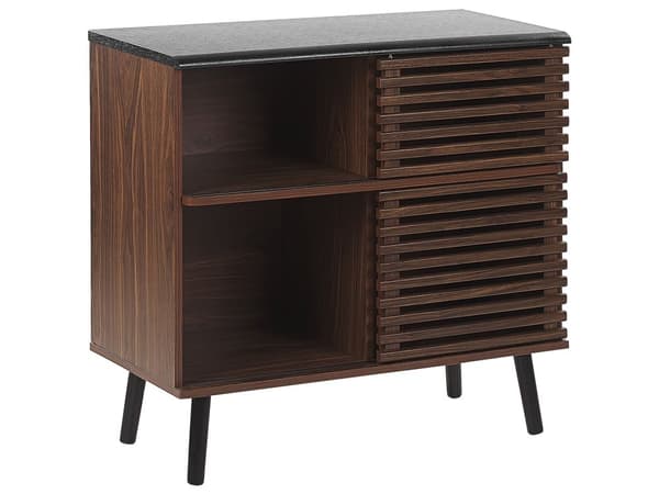 Kommode Mørkt Træ med Sorte Træben 80 x 40 x 80 cm Dekorativ Skænk med Lamel Skydedøre Hylder Opbevaring Rustik Skab Tilbehør Retro