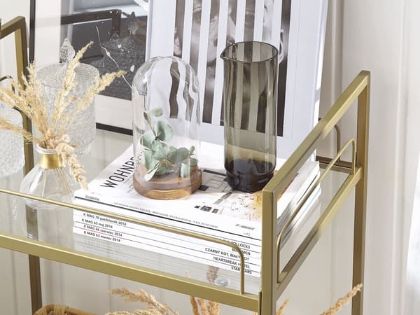 Serveringsvagn Guld Metallben Härdat Glasskiva Köksvagn med Hjul Glam