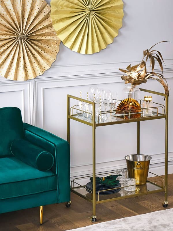 Serveringsvagn Guld Metallben Härdat Glasskiva Köksvagn med Hjul Glam