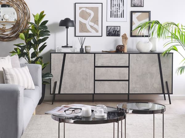 Sidobord Betong Effekt med Svart 2 Byrålådor 3 Lådor Metallben Industriell Design
