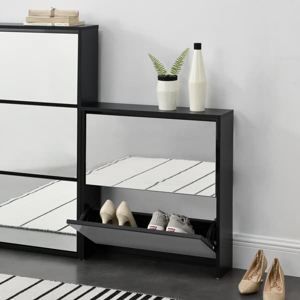 [en.casa] ® Skoskab Vogar-2 rum til 6 par sko-67x63x17cm-melaminovertrukket spånplade-sort