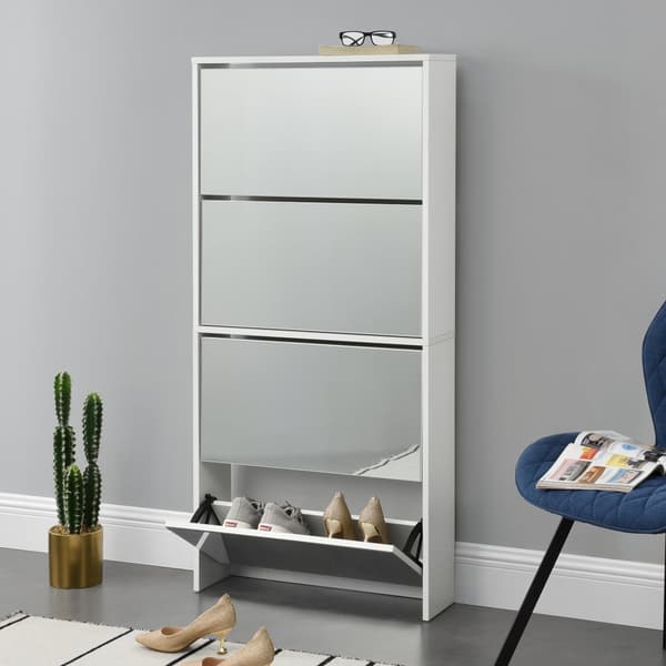 [en.casa]® Skoskåp Vogar-4 fack-plats för 12 par skor-134x63x17cm-melaminbelagd spånsiva-vit