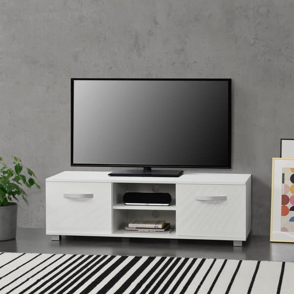 [en.casa]® TV-bänk Laugar med dörrar (högglans)-120x40x38cm-melaminbelagd spånskiva-vit