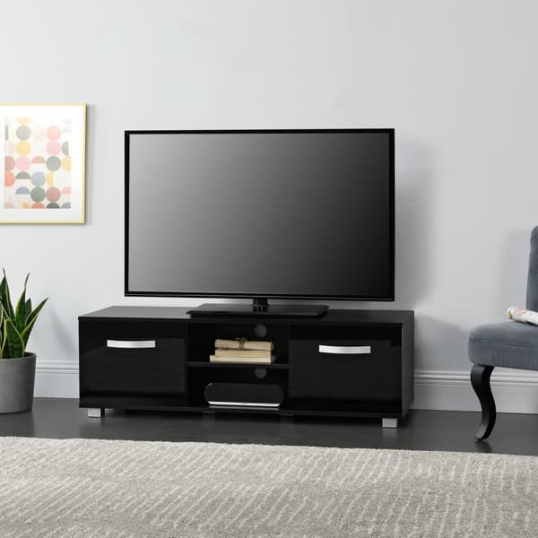 [en.casa]® TV-bänk Laugar med dörrar (högglans)-120x40x38cm-melaminbelagd spånskiva-svart