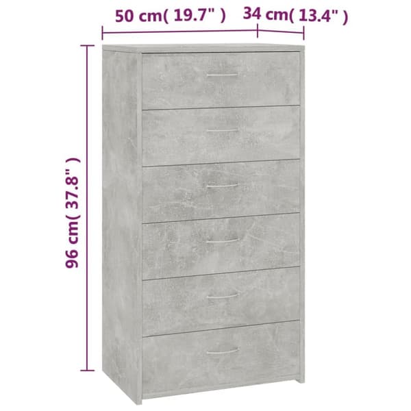 vidaXL Skänk med 6 lådor betonggrå 50x34x96 cm konstruerat trä