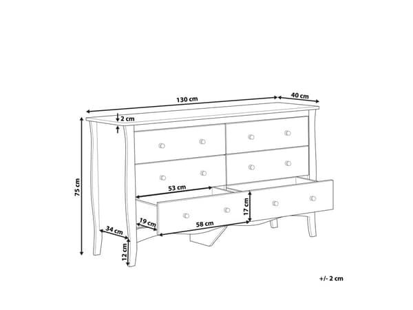 Kommode Hvid Skænk med 6 skuffer 75 x 130 cm Stue Soveværelse Gang Opbevaringsskab Moderne Fransk Stil