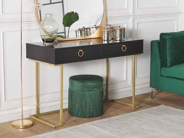 Mat sort konsol 2 skuffer 77 x 115 cm guld metalfod elegant toiletbord glamour stil skrivebord