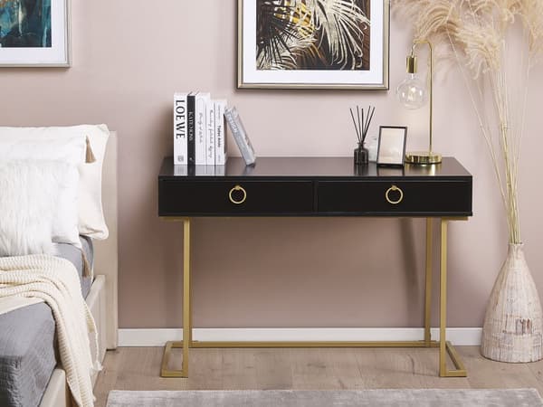 Mat sort konsol 2 skuffer 77 x 115 cm guld metalfod elegant toiletbord glamour stil skrivebord
