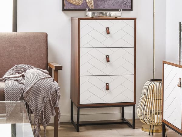 Kommode Mørkt Træ Hvide Låger Metalben 91 x 49 cm Moderne Stil Traditionelle Stuemøbler