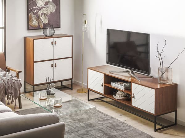 Skænk Mørkt Træ med Hvide Metalben Opbevaringsskab 2 rum 4 døre 100 x 76 cm Moderne Traditionelle Stuemøbler