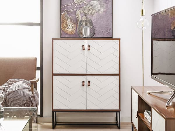 Skænk Mørkt Træ med Hvide Metalben Opbevaringsskab 2 rum 4 døre 100 x 76 cm Moderne Traditionelle Stuemøbler