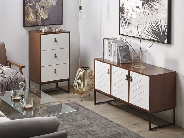 Skænk Mørkt Træ Hvide Metalben Opbevaringsskab 3 Låger 62 x 112 cm Moderne Stil Traditionelle Stuemøbler