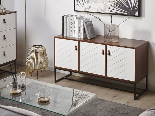 Skænk Mørkt Træ Hvide Metalben Opbevaringsskab 3 Låger 62 x 112 cm Moderne Stil Traditionelle Stuemøbler