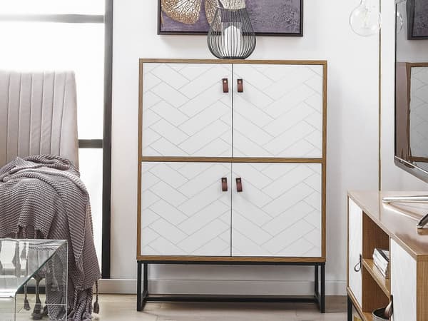 Skænk Lyst Træ Hvide Metalben Opbevaringsskab 4 Låger 100 x 76 cm Moderne Stil Traditionelle Stuemøbler