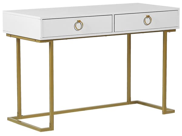 Konsolipöytä valkoinen 115 x 77 x 50 cm MDF-levy kultainen metallirunko 2 laatikkoa