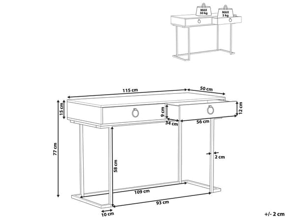 Konsolipöytä musta 115 x 77 x 50 cm MDF-levy kultainen metallirunko 2 laatikkoa