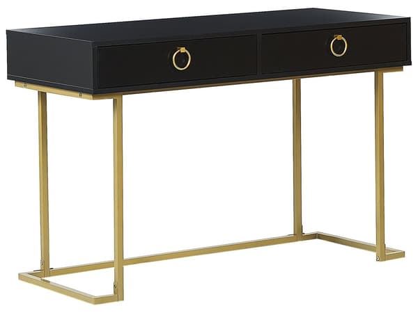 Konsolipöytä musta 115 x 77 x 50 cm MDF-levy kultainen metallirunko 2 laatikkoa