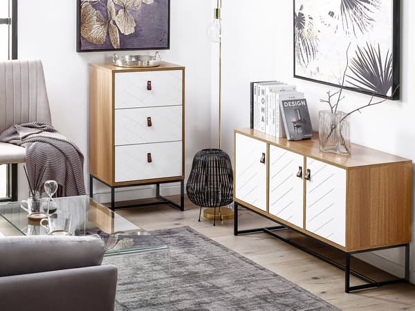 Byrålådor Ljus Trä med Vita Metallben Förvaringsbyrå Sminkbord Modern Traditionell Vardagsrumsmöbler
