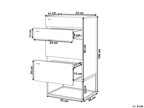 Kommode Skuffe Skab Lyst Træ MDF og Lysegrå Betoneffekt med Sort Mat Pulverlakeret Metalben 52 x 41 x 106 cm Opbevaringsplads Stue og Værelse