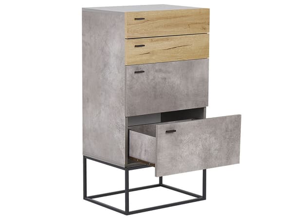 Kommode Skuffe Skab Lyst Træ MDF og Lysegrå Betoneffekt med Sort Mat Pulverlakeret Metalben 52 x 41 x 106 cm Opbevaringsplads Stue og Værelse