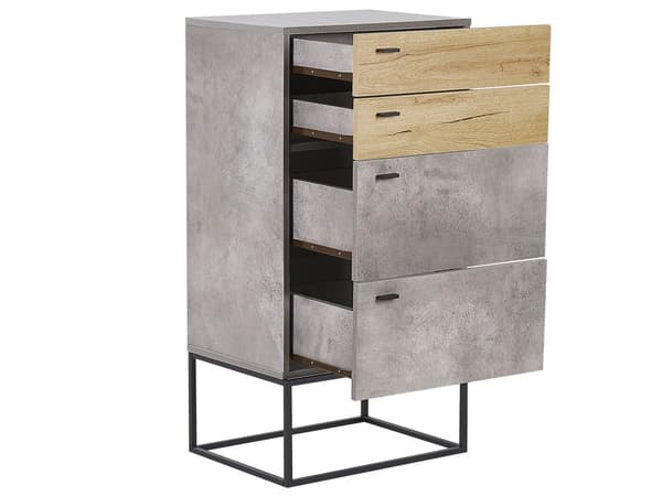 Kommode Skuffe Skab Lyst Træ MDF og Lysegrå Betoneffekt med Sort Mat Pulverlakeret Metalben 52 x 41 x 106 cm Opbevaringsplads Stue og Værelse