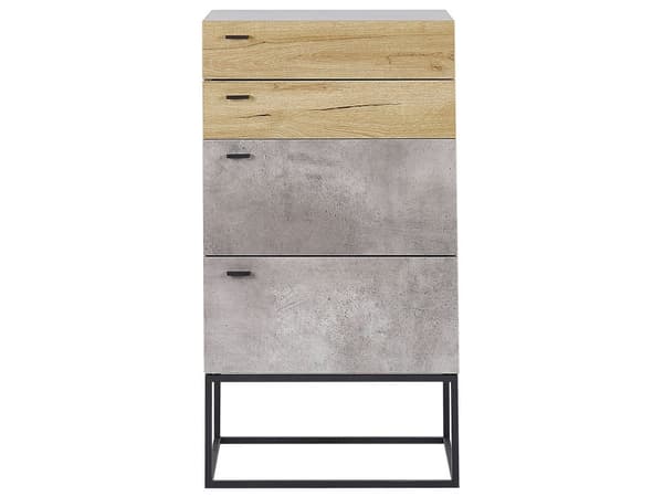 Kommode Skuffe Skab Lyst Træ MDF og Lysegrå Betoneffekt med Sort Mat Pulverlakeret Metalben 52 x 41 x 106 cm Opbevaringsplads Stue og Værelse