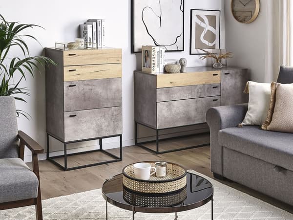 Kommode Skuffe Skab Lyst Træ MDF og Lysegrå Betoneffekt med Sort Mat Pulverlakeret Metalben 52 x 41 x 106 cm Opbevaringsplads Stue og Værelse