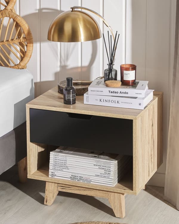Soffbord Ljusträ med Svart MDF 46 x 50 cm 1 Låda Nattduksbord Sovrum Modern Design Skandinaviskt