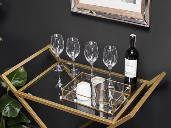 Serveringsvagn Guld Metallram Glasskiva Glamour Barvagn med Hjul