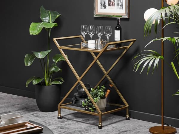 Serveringsvagn Guld Metallram Glasskiva Glamour Barvagn med Hjul