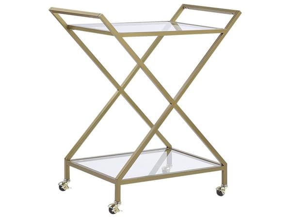 Serveringsvagn Guld Metallram Glasskiva Glamour Barvagn med Hjul