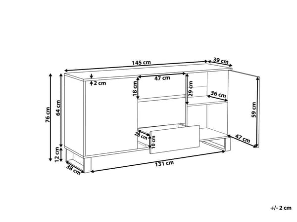 Senkki tumma puu MDF lastulevy metallijalat 145 x 39 x 76 cm laatikoilla kaapeilla hyllyillä skandinaavinen
