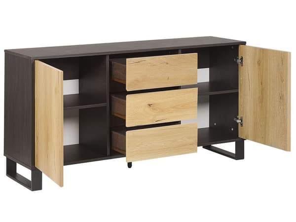 Senkki tumma puu MDF lastulevy metallijalat 145 x 39 x 76 cm laatikoilla kaapeilla hyllyillä skandinaavinen