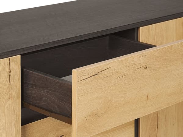 Senkki tumma puu MDF lastulevy metallijalat 145 x 39 x 76 cm laatikoilla kaapeilla hyllyillä skandinaavinen