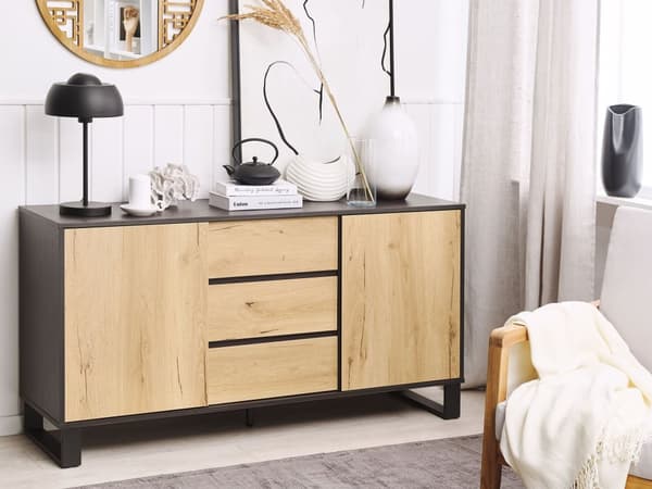 Senkki tumma puu MDF lastulevy metallijalat 145 x 39 x 76 cm laatikoilla kaapeilla hyllyillä skandinaavinen