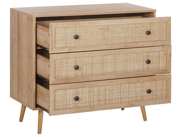 Kommode Lyst Fyrretræ og Rattan 90 x 40 x 79 cm Dekorativ Skænk med 3 Skuffer Fransk Flet til Entré Stue Opbevaring Værelse Tilbehør