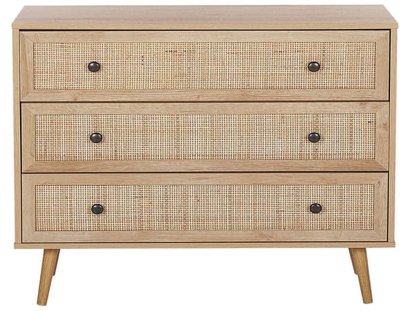 Kommode Lyst Fyrretræ og Rattan 90 x 40 x 79 cm Dekorativ Skænk med 3 Skuffer Fransk Flet til Entré Stue Opbevaring Værelse Tilbehør