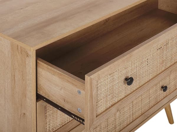 Kommode Lyst Fyrretræ og Rattan 90 x 40 x 79 cm Dekorativ Skænk med 3 Skuffer Fransk Flet til Entré Stue Opbevaring Værelse Tilbehør
